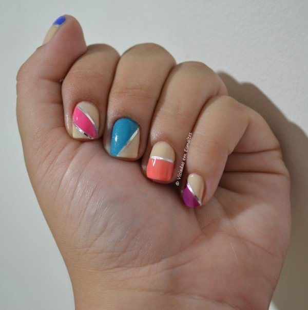 Nail Art Colorida com Fitilho Unha Decorada com Fitilho Prata
